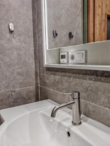 a bathroom sink with a faucet and a mirror at Vitosha Park Apart in Sofia +70 photos