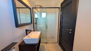 a bathroom with a sink and a glass shower at Conacu Lacului Brebu in Brebu Mînăstirei +17 photos