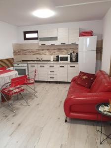 a living room with a red couch and a kitchen at NANA"S HOUSE APARTAMENT 2 Camere,2 bai in Sibiu