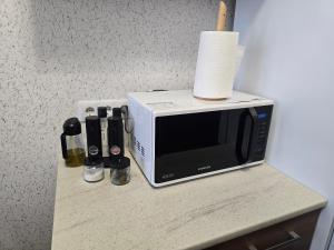 a microwave on a counter with a roll of paper towels at Graudu apartment in Riga