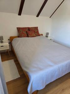 a bedroom with a large bed with white sheets and red pillows at Apartman Gorski raj in Fužine