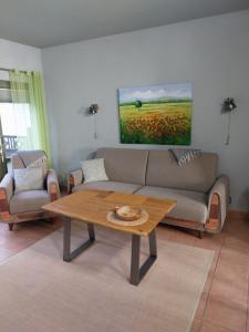 a living room with a couch and a table at Pension am Bernsteinmuseum Ferienwohnung in Ribnitz-Damgarten