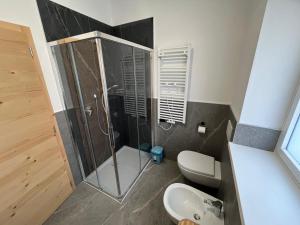 a bathroom with a shower and a toilet and a sink at Casa Vian in Vigo di Fassa +8 photos