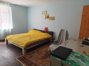 a bedroom with a bed and a desk and a table at doudou homestay in Veternik