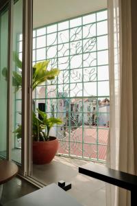 a window with a potted plant in front of it at PHAM. Hotel & Views in Hai Phong