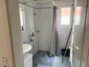 a bathroom with a sink and a toilet and a shower at Monteurhaus in Giengen an der Brenz-Burgberg in Giengen an der Brenz +10 photos