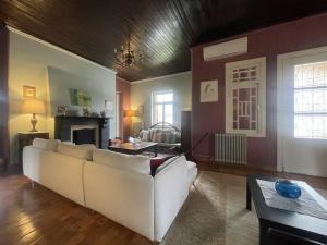 a living room with a white couch and a fireplace at Villa Enoteca - Wine Experiences in Neméa
