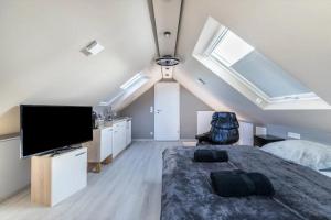 a bedroom with a bed and a flat screen tv at Uhse Ferienwohnung Delux mit Loft in Heide