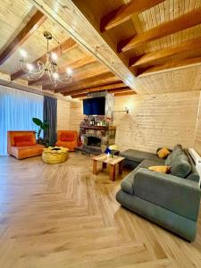 a living room with a couch and a fireplace at Grand Hills Kazbegi in (( Gergeti ))
