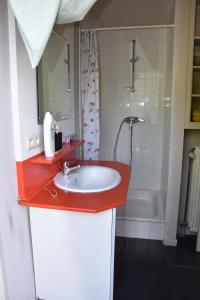 a bathroom with a red sink and a tub at B2B Apartment Creamundi in Lokeren