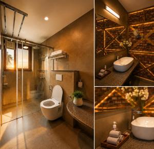 two pictures of a bathroom with a toilet and a sink at The Riverside Barn Srinagar in Srinagar
