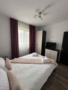 a bedroom with a large white bed and a television at Casa Tică in Vama Buzăului
