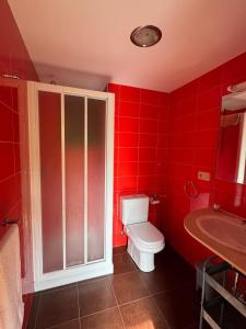 a red bathroom with a toilet and a sink at Casa das Minas in Zobra