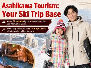 a flyer for a ski trip base with a man and a child at Takasago Onsen in Asahikawa