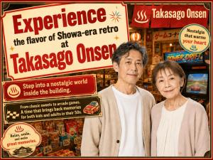 a man and a woman standing in front of a sign at Takasago Onsen in Asahikawa +172 photos