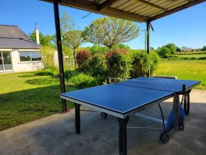 a blue ping pong table on a patio at Les Gîtes de la chapelle blanche in Anor