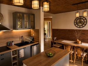 a kitchen with a counter and a dining room at Vila Zornička in Ždiar