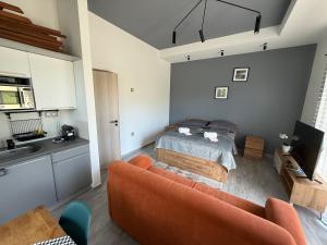 a living room with a bed and a couch at ILK Residence 3 in Balatonalmádi