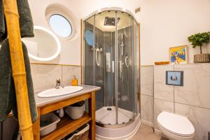 a bathroom with a shower and a sink and a toilet at Studio Bord-Eau, terrasse et jardin in Saint-André-de-Cubzac