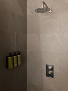 a shower with two green bottles on a wall at Gilded Ox Suites in Deventer +12 photos