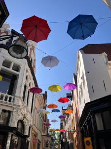 a bunch of umbrellas are flying in the air at Gilded Ox Suites in Deventer