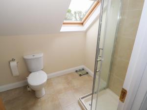 a bathroom with a toilet and a glass shower at River House in Ballina