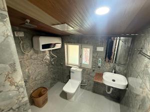 a small bathroom with a toilet and a sink at Zabaish Riverside Cottage in Pahalgām +27 photos