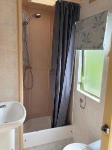 a bathroom with a shower and a sink at Northfield Holiday Park in Borth +71 photos