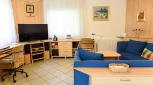 a living room with a blue couch and a tv at Magyar Tenger Pihenőház, for 2-8 person, 105 m2, garden, pool, free parking, 5 min from the Lake, Balatonakarattya in Balatonakarattya