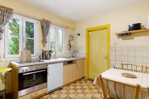 a kitchen with a sink and a stove and a table at Haus am Ufer in Gaienhofen