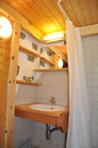 a bathroom with a sink and a shower curtain at AlmDorf Tonnerhütte in Mühlen +75 photos