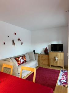 a living room with a white couch and a tv at Max 's Siusi Apartament in Siusi