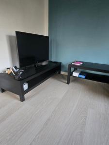 a living room with a flat screen tv and a table at Small and cozy room in Kalundborg