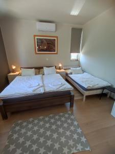a bedroom with two beds and a rug in it at Deák Houses in Nagykőrös