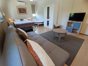 a living room with a couch and a tv at Deák Houses in Nagykőrös