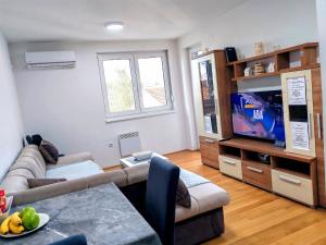 a living room with a couch and a flat screen tv at Apartman Max in Modriča