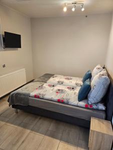 ein Schlafzimmer mit einem Bett mit blauen Kissen in der Unterkunft Hostel 405 in Polanka Wielka