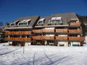 Un gran edificio con nieve delante. en Haus Dachsberg Todtmoos, en Todtmoos
