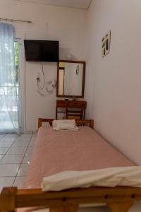 a bed in a room with a mirror and a television at Apartment's Eleni in Kamena Vourla