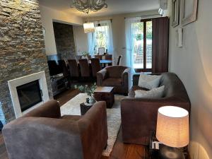 a living room with two couches and a fireplace at Vass-Villa Vendégház in Szekszárd