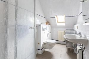 a white bathroom with a toilet and a sink at Binnendieck in Ahrenshoop +21 photos