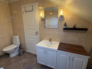 a bathroom with a sink and a toilet and a mirror at Rooftop view apartment 2 in Vardø +13 photos