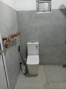 a bathroom with a toilet with a branch on the wall at The Wood Cottage in Elkaduwa
