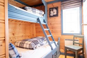 a bunk bed in a cabin with a ladder at Budalen, spacious cabin close to skitracks in Holo