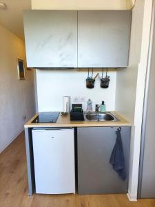 a small kitchen with a sink and a counter at Studio calme Cite Internationale Wifi in Caluire-et-Cuire