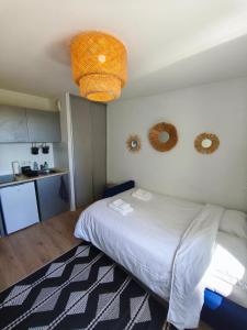 a bedroom with a white bed and a kitchen at Studio calme Cite Internationale Wifi in Caluire-et-Cuire +2 photos