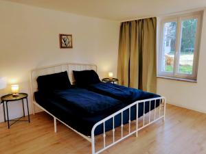 a bedroom with a bed with blue sheets and two tables at Charmant gîte vosgien avec 13 chambres pour 30 personnes in Fellering