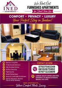a flyer for a furniture store with a purple couch at Ined Apartment Services in Ibadan