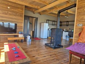 a living room with a woodburning stove in a house at ByTemur Dağ Evi in Çamlıhemşin