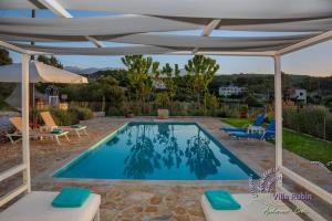 a swimming pool in a yard with an umbrella at Villa Rubin in Almyrida